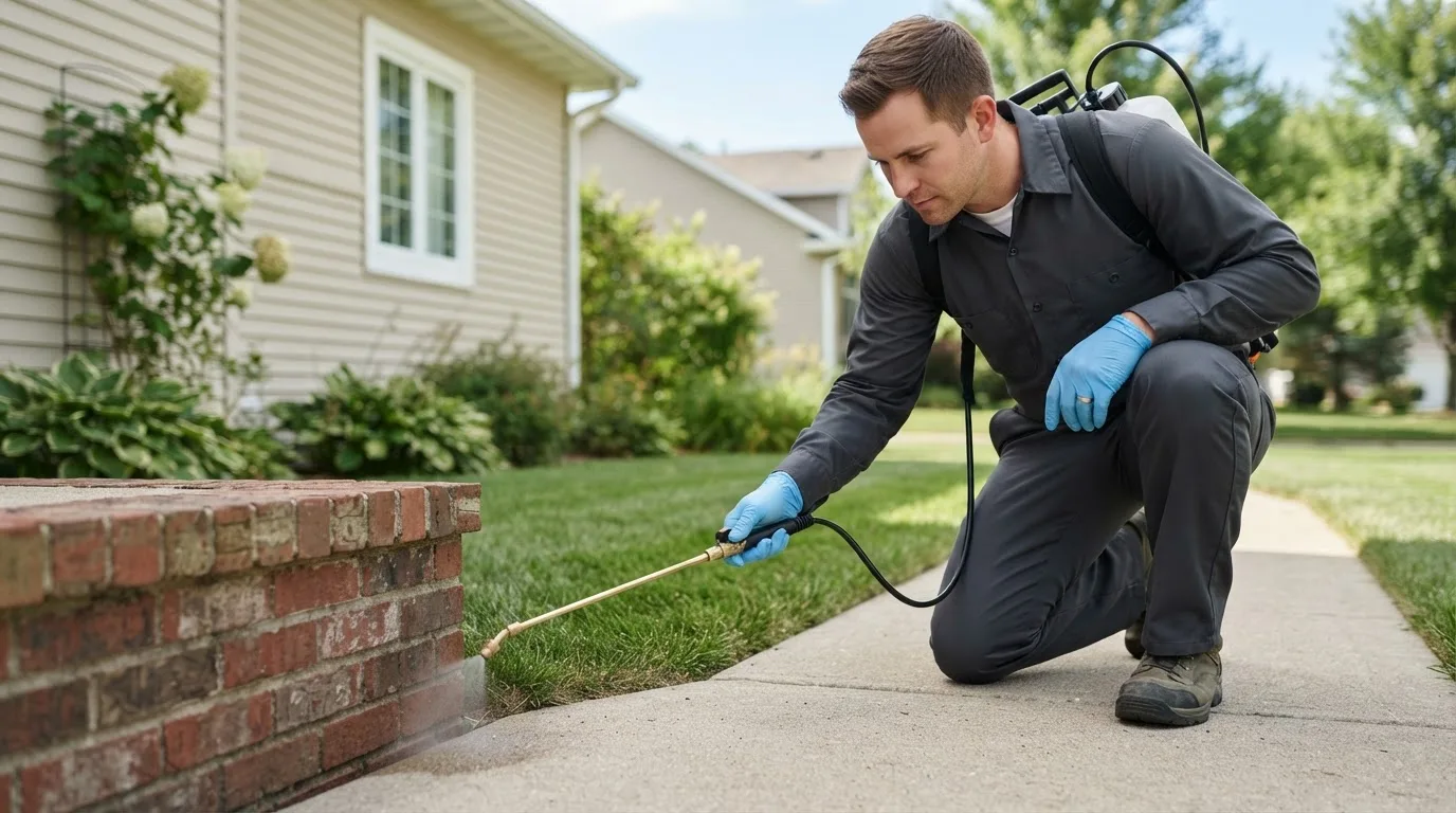 Pest control technician treating a home near Thompson, PA